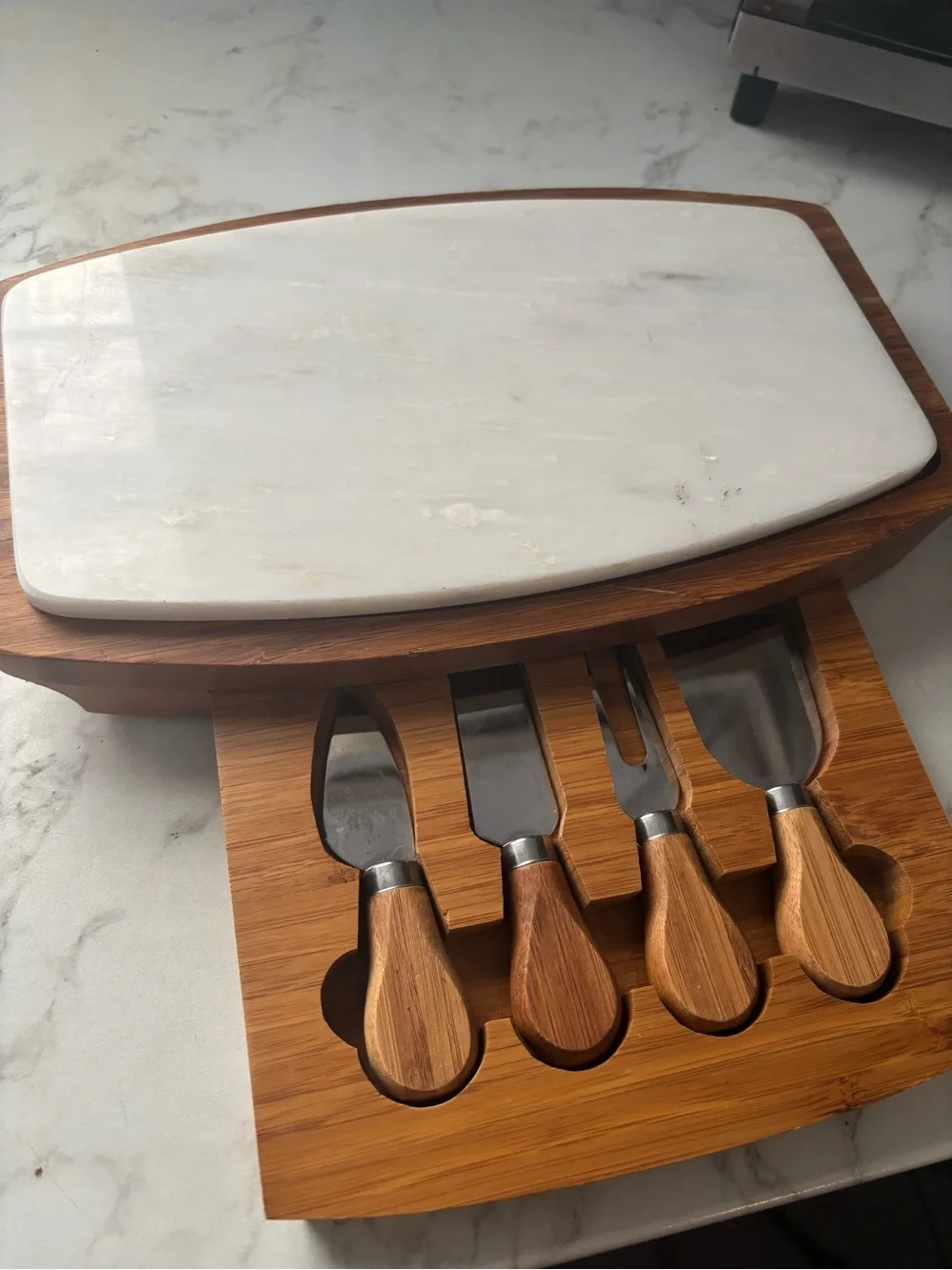 Vintage Cheese Serving Tray board set with utensils.